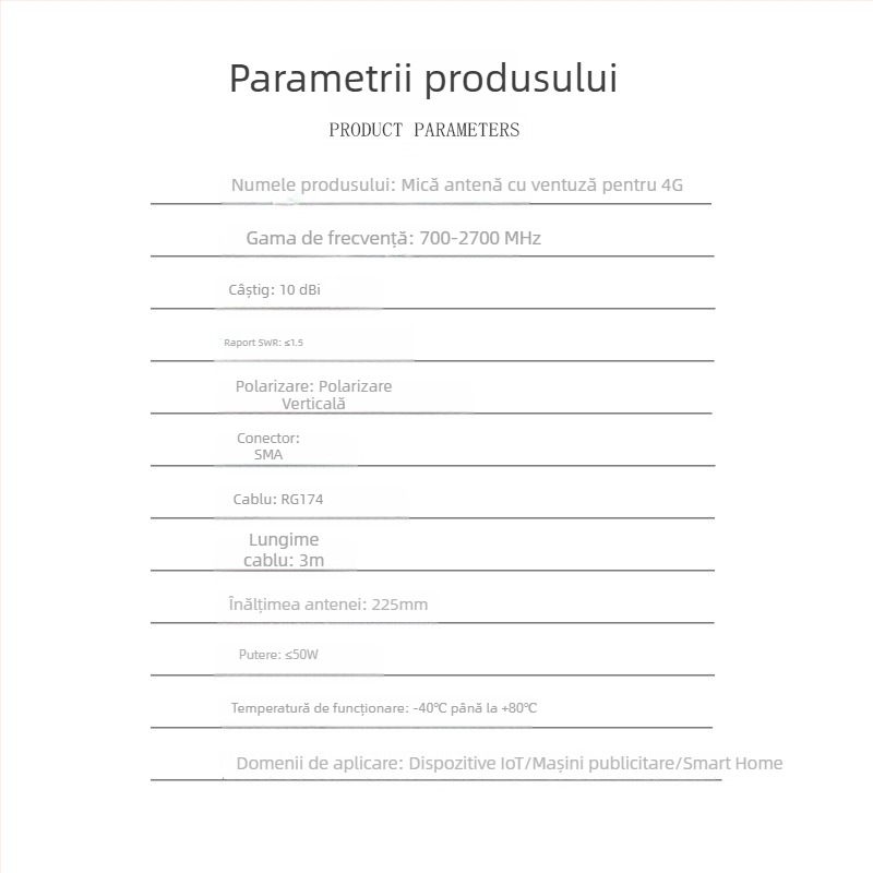 Antena 4G cu ventuză, omnidirecțională, câștig înalt de 10 dBi pentru router și placa de rețea, 700-2700 MHz, 50 Ω, SWR <= 1.5, 3-5 V