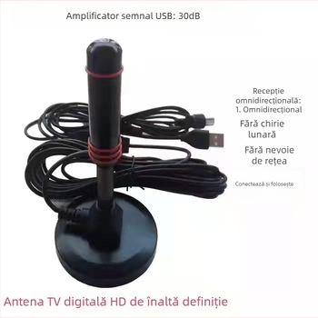 Antena TV HDTV pentru interior cu amplificator USB activ, recepție ATSC/UHF/VHF, montaj cu ventuză