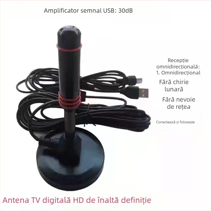 Antena TV HDTV pentru interior cu amplificator USB activ, recepție ATSC/UHF/VHF, montaj cu ventuză