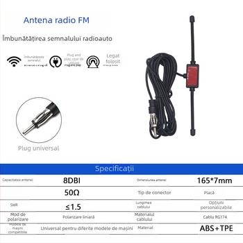 Antena auto FM pentru receptor radio cu design horn-patch, câștig 8 dBi, 80–108 MHz, impedanță 50 Ω, SWR ≤1.5