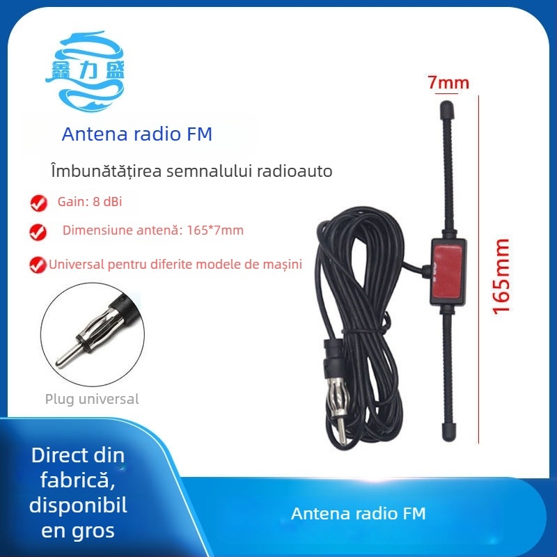 Antena auto FM pentru receptor radio cu design horn-patch, câștig 8 dBi, 80–108 MHz, impedanță 50 Ω, SWR ≤1.5
