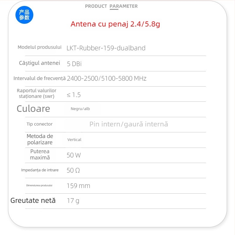 Modul receptie semnal Wi‑Fi dual-band cu câștig de 5 dBi, conector SMA, game de frecvențe 2.4–2.5 GHz și 5.1–5.8 GHz, polarizare verticală, model LKT-Rubber-195-dualband