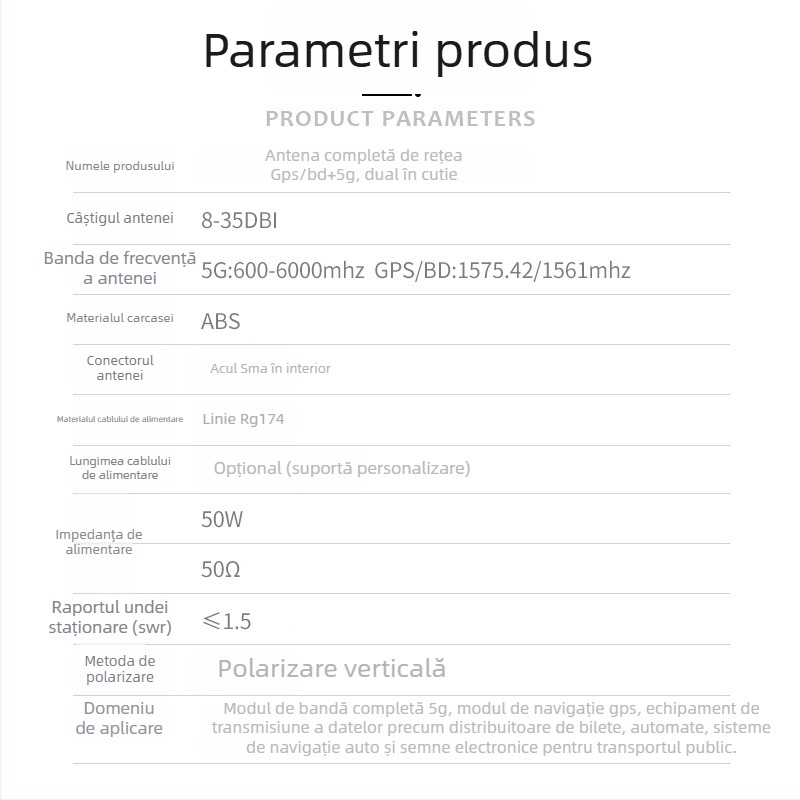 Antena activă exterioară impermeabilă pentru 5G și GPS, dual-band pentru poziționare și navigație, cablu SMA masculin de 1 m, SWR ≤ 1.5