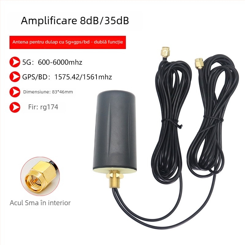 Antena activă exterioară impermeabilă pentru 5G și GPS, dual-band pentru poziționare și navigație, cablu SMA masculin de 1 m, SWR ≤ 1.5