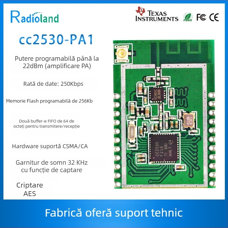 Modul ZigBee CC2530, tip patch, comunicare serială RF pe distanțe mari, transmisie transparentă, control rețea ad hoc
