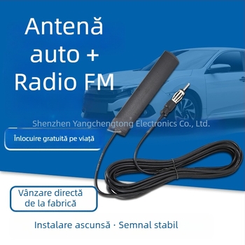 Antena patch pentru audio auto și radio FM, model YCT-025, câștig 3,5 dBi, interval de frecvențe 174–433–868 MHz, impedanță 75 Ω, SWR ≤ 1,5, tensiune de funcționare 3–5 V