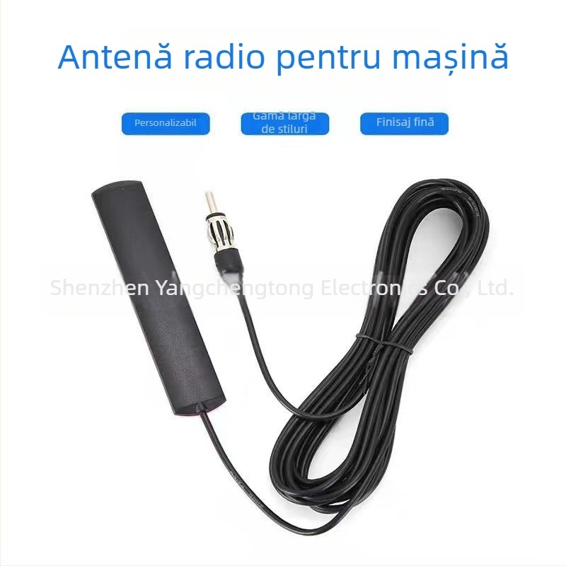 Antena patch pentru audio auto și radio FM, model YCT-025, câștig 3,5 dBi, interval de frecvențe 174–433–868 MHz, impedanță 75 Ω, SWR ≤ 1,5, tensiune de funcționare 3–5 V