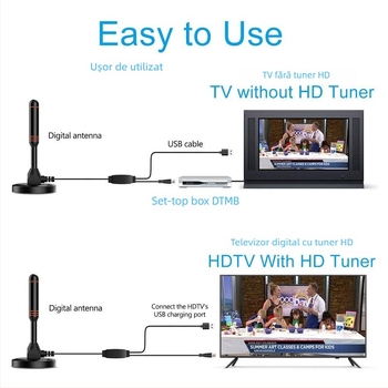 Antena TV digitală pentru semnal terestru cu amplificator cu ventuză, receptor HD DTMB