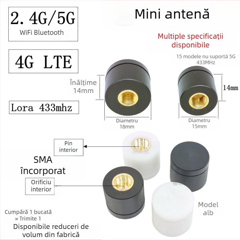 Antena mică 2.4G/5G pentru modul/router Bluetooth/Wi-Fi, SMA cu pin interior, antenă compactă, 4G