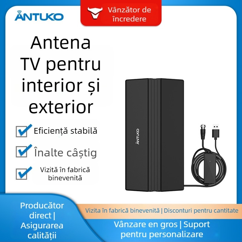 ANTUKO antenă TV pentru interior/exterior, HDTV DVB-T2, HD digital, antenă mobilă, receptor de unde terestre