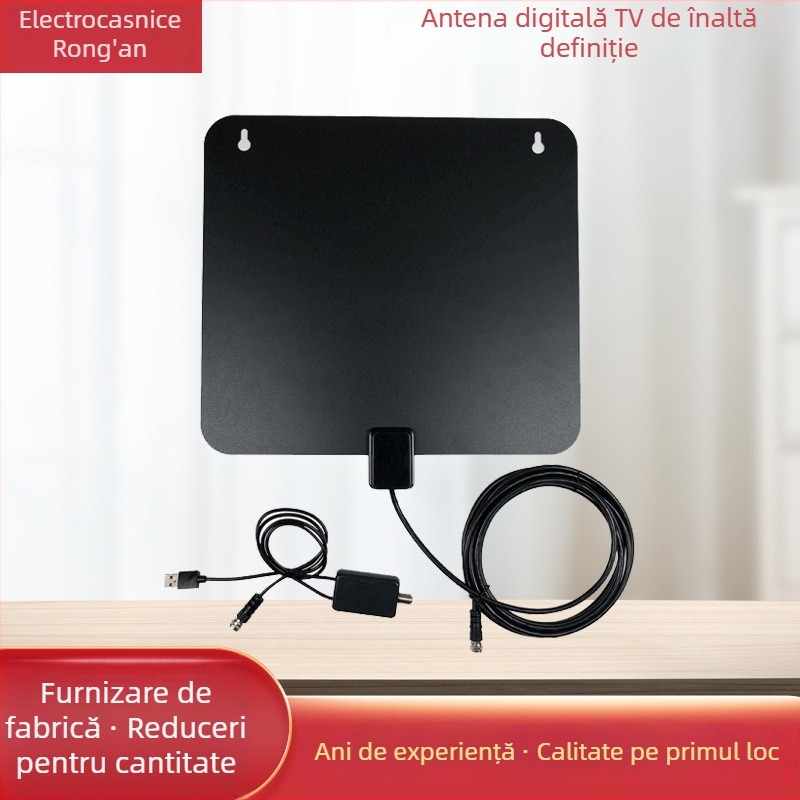 Antena TV internă, ATSC/DVB-T2 compatibilă, 30 dB câștig; interval de frecvențe 170–862 MHz; impedanță 75 Ω; SWR ≤ 2