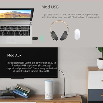 Transceiver USB Bluetooth audio V5.3 - USB + AUX, Plug-and-Play, alimentare externă, rază 10 m, 3 Mbps, 2,4 GHz