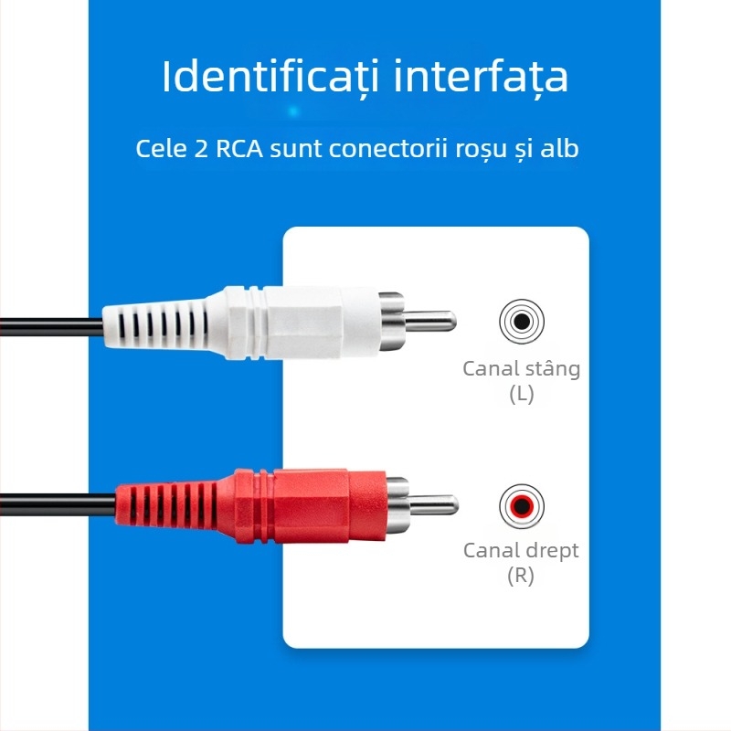 Cablul audio AV: 3,5 mm femelă la 2x RCA, nucleu din cupru, conectori placate cu nichel, PVC carcasă