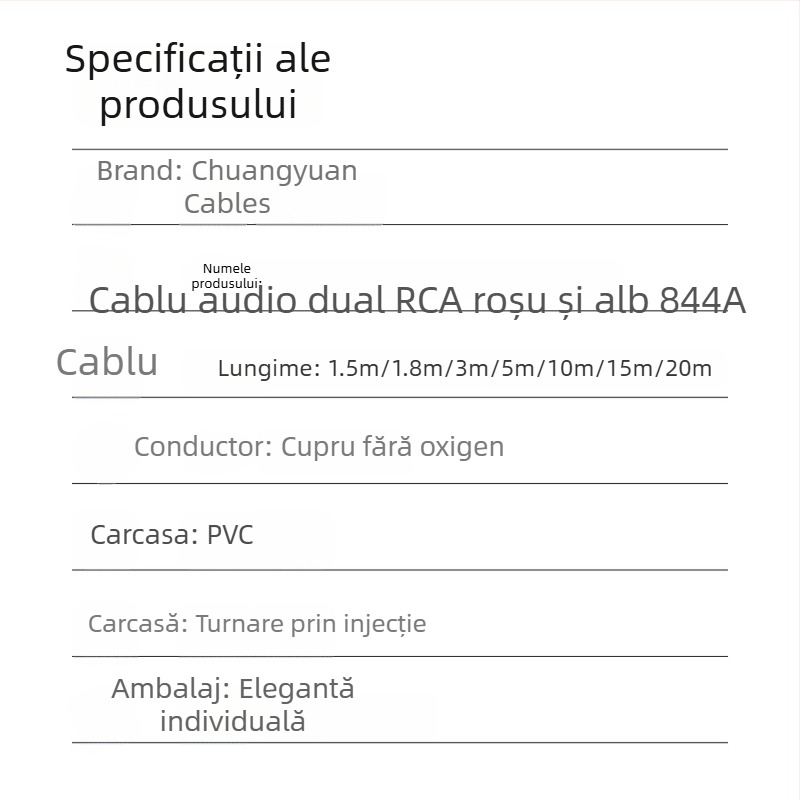Cablul audio AV: 3,5 mm femelă la 2x RCA, nucleu din cupru, conectori placate cu nichel, PVC carcasă