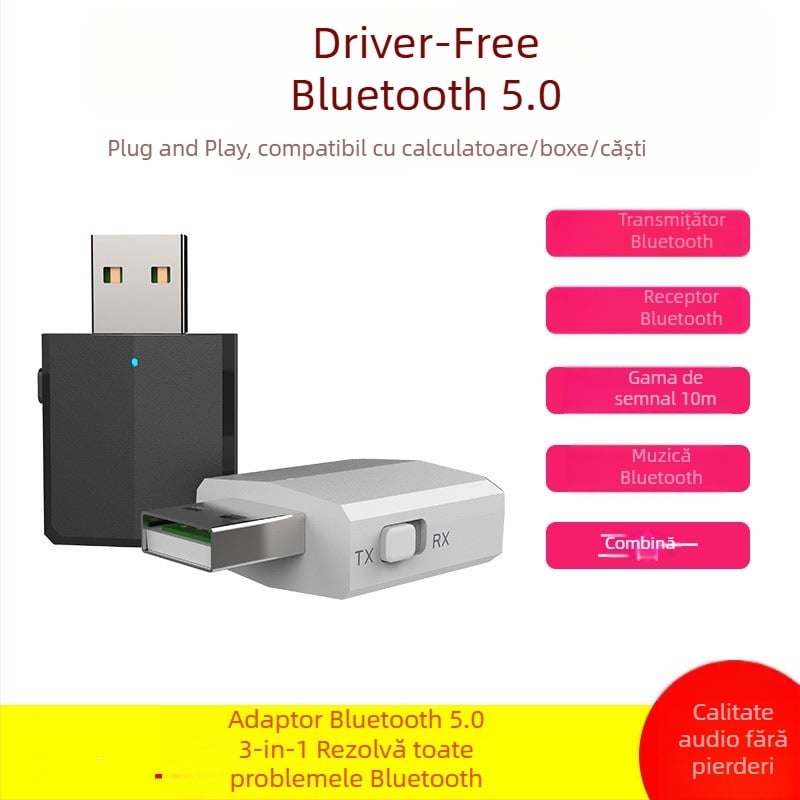 Adaptor audio USB Bluetooth 5.0 trei în unu (receptor/transmițător) — USB + 3,5 mm, Plug-and-Play, 10 Mbps, rază 20 m