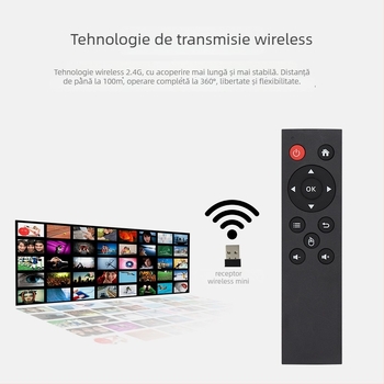 Telecomandă wireless 2.4G cu interfață USB pentru set-top boxuri, PC-uri, proiectoare și dispozitive Android — rază 15–20 m; receptor USB inclus; model X1201-126