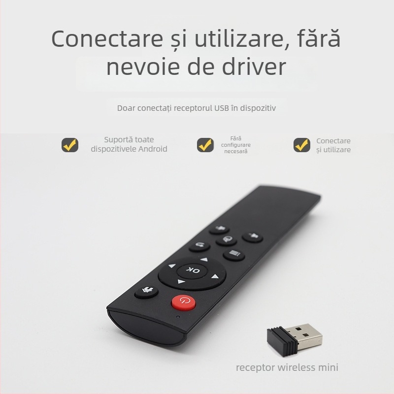 Telecomandă wireless 2.4G cu interfață USB pentru set-top boxuri, PC-uri, proiectoare și dispozitive Android — rază 15–20 m; receptor USB inclus; model X1201-126