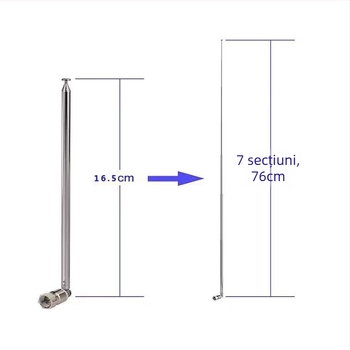 Antena FM cu tijă, oțel inoxidabil, telescopică, rotativă, pentru radioul FM și DAB