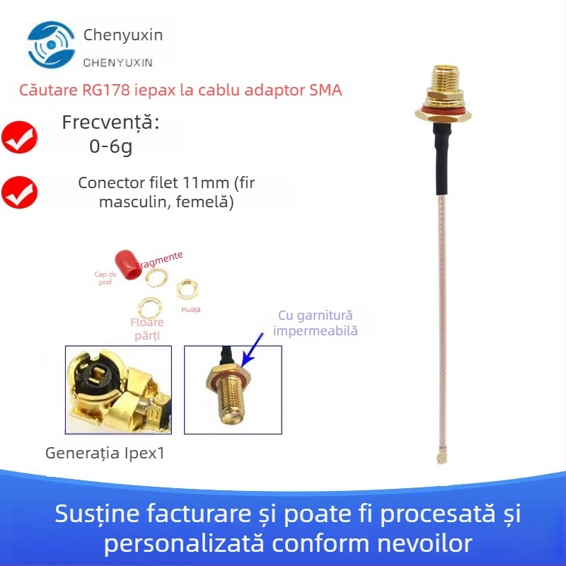 Cablu adaptor SMA impermeabil femelă către IPEX RF coaxial pentru antenă RG178 (Impedanță 50 Ω; SWR ≤ 1,5; Amplificare 0 dB)