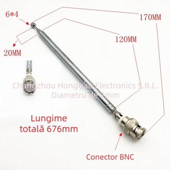 Antena radio telescopică, modelul 7120BNC, conector BNC, frecvență 433 MHz, impedanță 75 Ω
