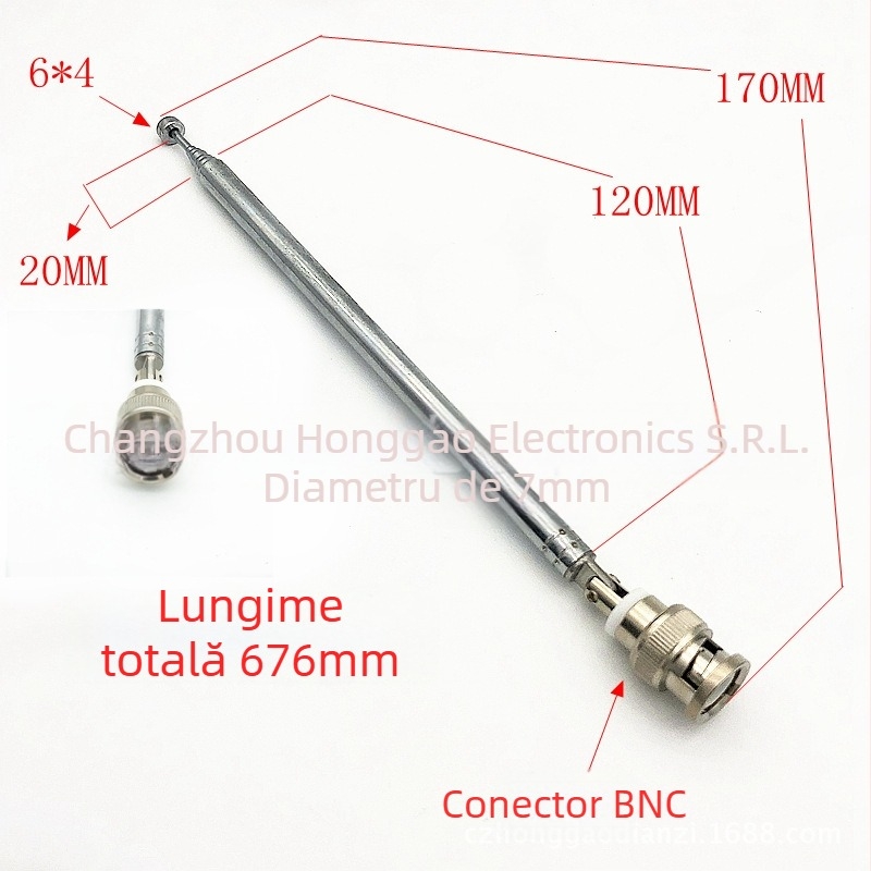 Antena radio telescopică, modelul 7120BNC, conector BNC, frecvență 433 MHz, impedanță 75 Ω
