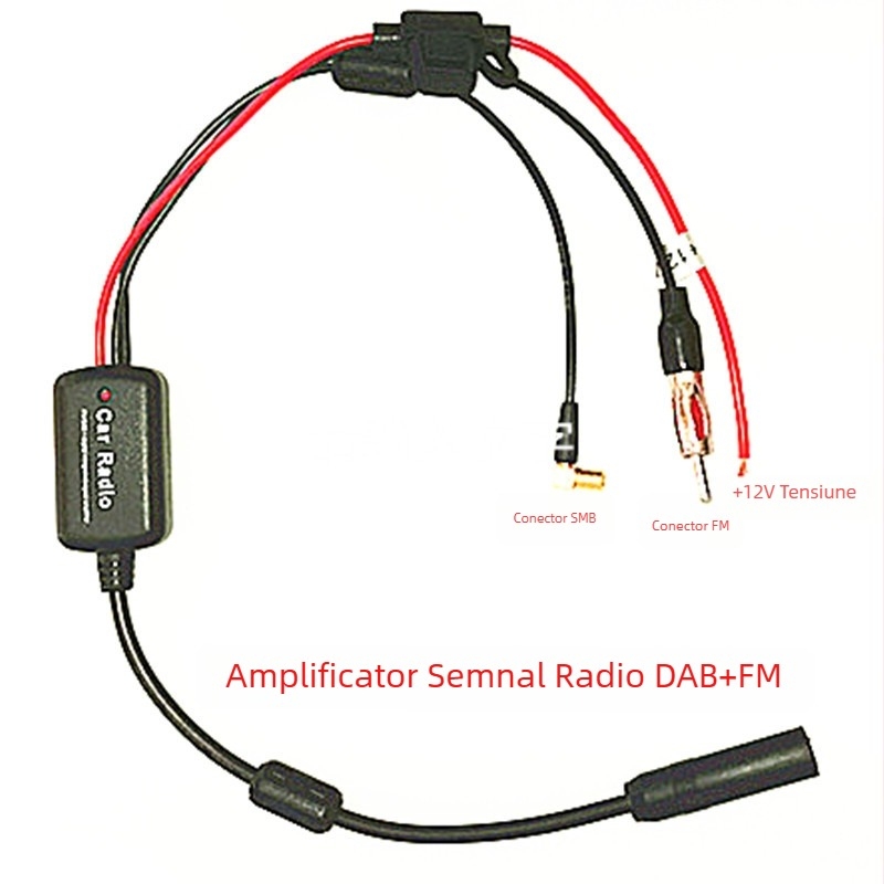 Antena DAB/FM pentru mașină cu amplificator activ de semnal – montaj Plug-in, +12V, compatibil universal