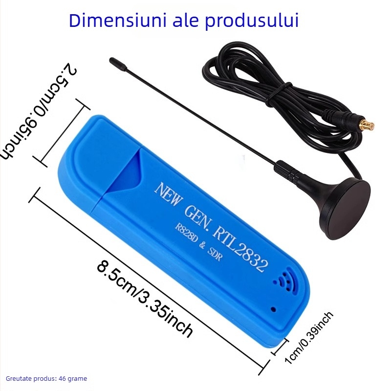 Xinrui receptor RTL-SDR, intervalul 25 MHz–1760 MHz, model S2832U/R828DSDR, recepție în banda de aviație