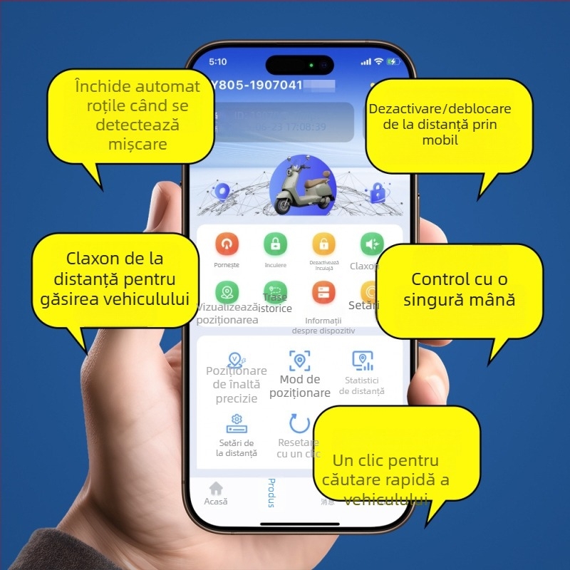 XY805 GPS tracker pentru vehicul electric - precizie de poziționare 5 m, moduri de alarmă: vibrare, alertă mobilă, geofence, depășire viteză; autonomie baterie 1466 h; dimensiuni 64×30×17 mm