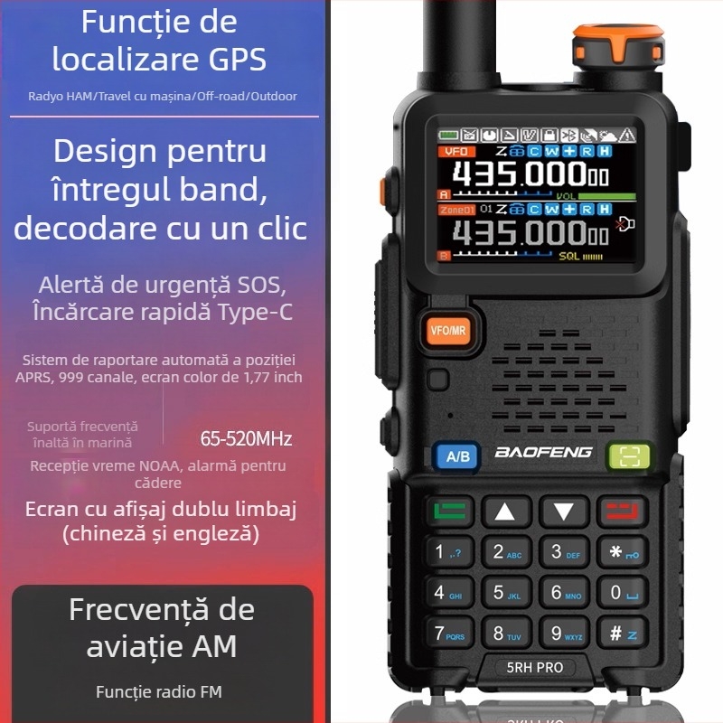 Baofeng 5RHPro radio portabil cu GPS și APRS, rază 3-5 km, baterie de 5000 mAh, rezistent la praf, cu afișaj