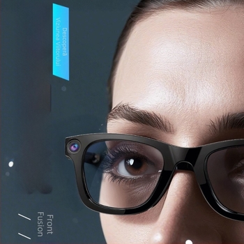 Ochelari AI E03 cu cameră de 8MP, recunoaștere obiecte, înregistrare și muzică Bluetooth; 32GB stocare, 4GB RAM, design montat pe cap.