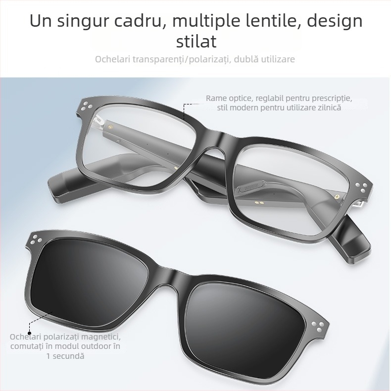 Ochelari Bluetooth inteligenți cu muzică AI, ramă magnetică pentru lentile, protecție împotriva luminii albastre și UV, carcasă ABS+PC, baterii 2×110 mAh, rază de acțiune peste 10 m