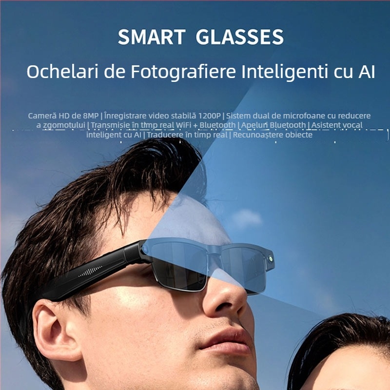 Ochelari inteligenți cu cameră de 8MP pentru fotografii și videoclipuri, traducere AI prin Bluetooth, Bluetooth 5.4, design pe cap, baterie de 270mAh