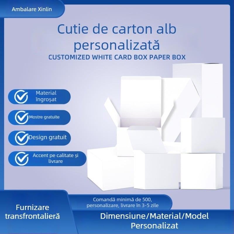 Cutie de ambalaj - Material: hârtie/carton; Tip carton: carton pliant; Grosime hârtie: 250 gsm; Metode de imprimare: offset, serigrafie, imprimare UV, imprimare la cald (argintiu); Imprimare logo: Da