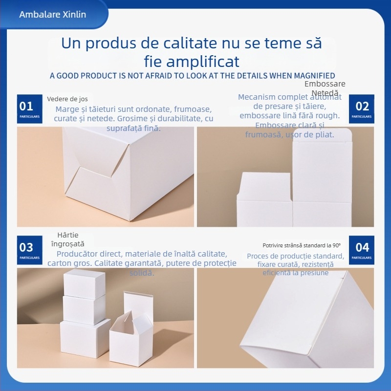 Cutie de ambalaj - Material: hârtie/carton; Tip carton: carton pliant; Grosime hârtie: 250 gsm; Metode de imprimare: offset, serigrafie, imprimare UV, imprimare la cald (argintiu); Imprimare logo: Da