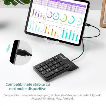 Tastatură numerică pentru laptop (USB cablat, arhitectură Crater, ≤87 taste, ABS corp, cablu 1,2 m)