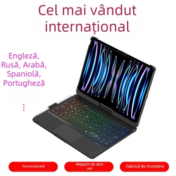 Tastatură wireless Bluetooth pentru iPad (2022, a 10-a generație), model F11AT-pro, balama rotativă la 360°, iluminare RGB, greutate 880 g.