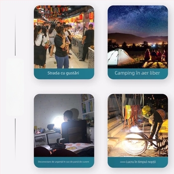 Lampa LED pentru camping cu baterie dublă, reîncărcabilă, reglaj în 3 trepte, cârlig, IP65, 20W, 2000 lm