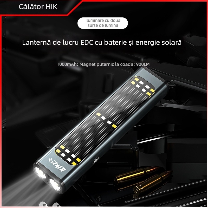  Lampă LED portabilă pentru lucru, bază magnetică, 15W, 5000mAh, încărcare solară, rază 100–200 m