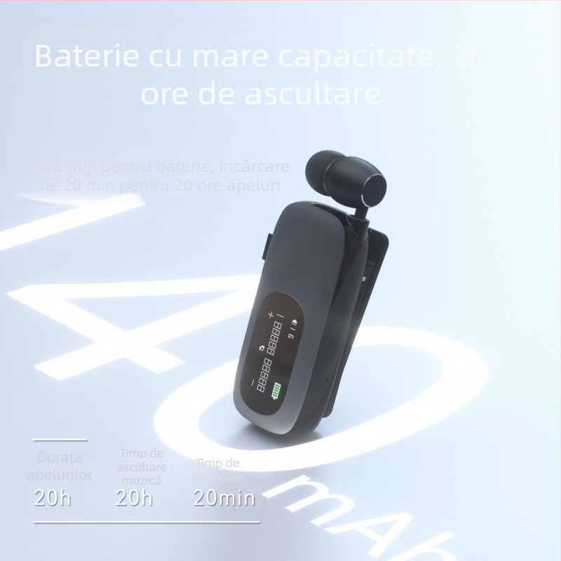 K75 headset Bluetooth cu clips pentru mașină - microfon extensibil, baterie de lungă durată (>8 ore), Bluetooth 5.4, conexiune multipunct, afișaj digital
