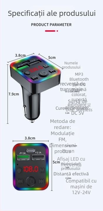 Player MP3 auto cu Bluetooth pentru brichetă – model F-22, 12–24 V, funcție FM, timp de redare 8888, ecran monocrom