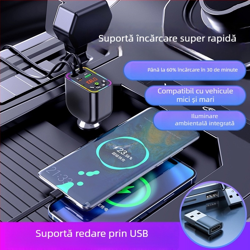 Player MP3 Bluetooth auto și încărcător Y5, cablu retractabil 4 în 1, transmițător FM, încărcare USB, intrare 9–26V