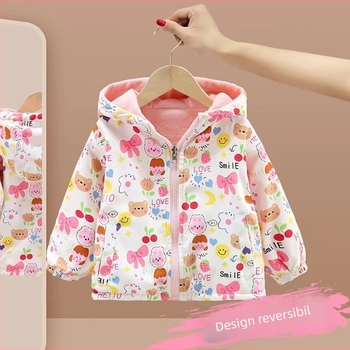 Jachetă reversibilă pentru copii cu glugă și căptușeală de fleece, palton de iarnă casual din bumbac-poliester, pentru 3–8 ani
