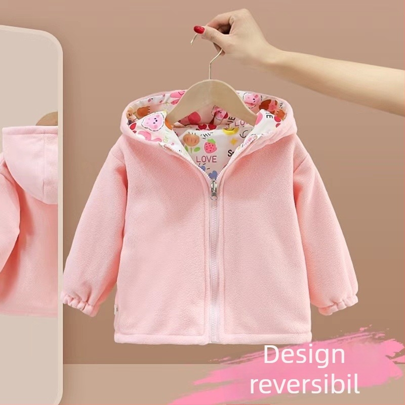 Jachetă reversibilă pentru copii cu glugă și căptușeală de fleece, palton de iarnă casual din bumbac-poliester, pentru 3–8 ani