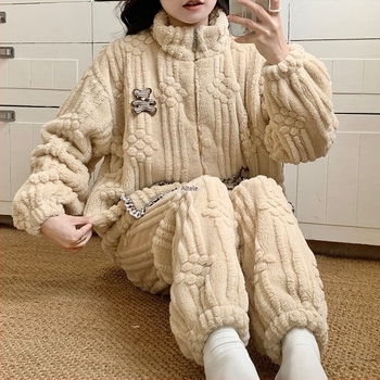 Set de pijamale pentru mame, toamnă–iarna: pijama din coral velvet fleece pentru perioada postpartum, îmbrăcăminte de odihnă pentru alăptare, mâneci lungi, guler polo