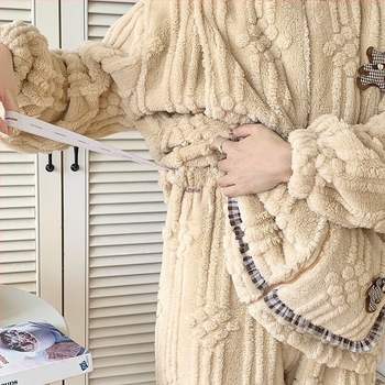 Set de pijamale pentru mame, toamnă–iarna: pijama din coral velvet fleece pentru perioada postpartum, îmbrăcăminte de odihnă pentru alăptare, mâneci lungi, guler polo