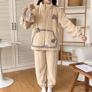 Set de pijamale pentru mame, toamnă–iarna: pijama din coral velvet fleece pentru perioada postpartum, îmbrăcăminte de odihnă pentru alăptare, mâneci lungi, guler polo