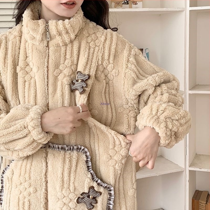 Set de pijamale pentru mame, toamnă–iarna: pijama din coral velvet fleece pentru perioada postpartum, îmbrăcăminte de odihnă pentru alăptare, mâneci lungi, guler polo