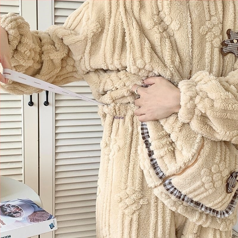 Set de pijamale pentru mame, toamnă–iarna: pijama din coral velvet fleece pentru perioada postpartum, îmbrăcăminte de odihnă pentru alăptare, mâneci lungi, guler polo