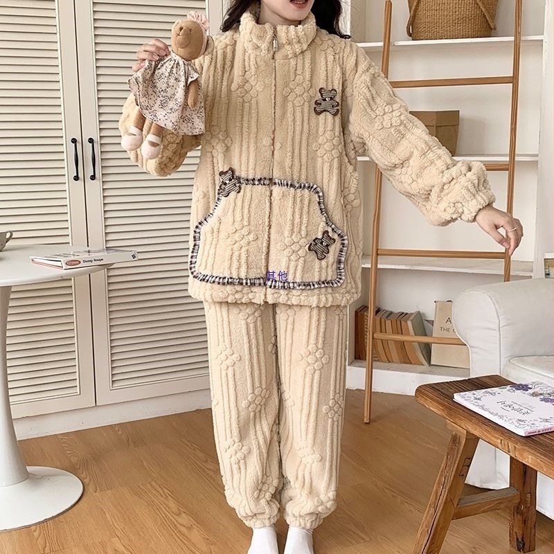 Set de pijamale pentru mame, toamnă–iarna: pijama din coral velvet fleece pentru perioada postpartum, îmbrăcăminte de odihnă pentru alăptare, mâneci lungi, guler polo