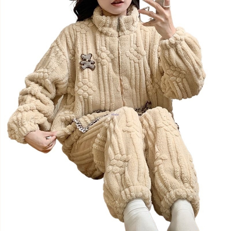 Set de pijamale pentru mame, toamnă–iarna: pijama din coral velvet fleece pentru perioada postpartum, îmbrăcăminte de odihnă pentru alăptare, mâneci lungi, guler polo